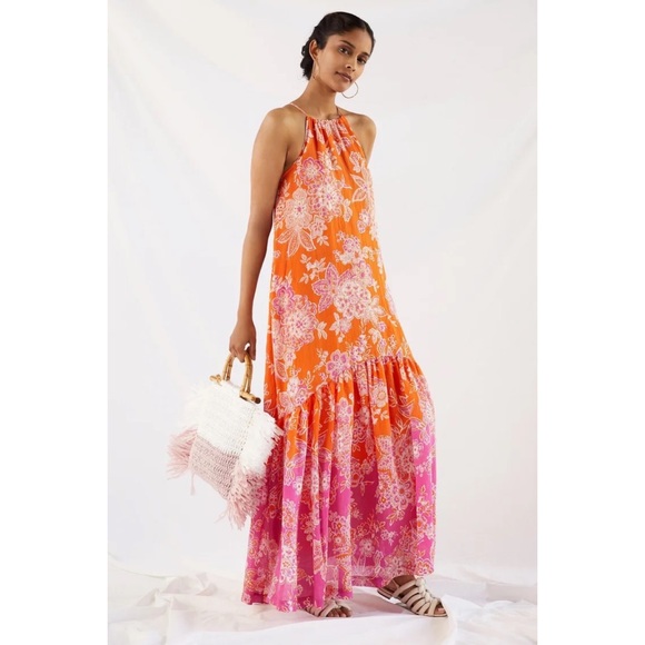 Anthropologie Maeve Flounced Halter Maxi Dress Pink Orange Large NWOT - Picture 3 of 13